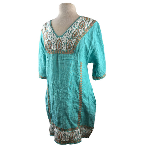 Uncle Frank 100% Linen Embroidered Dress V-Neck Boho Festival Pockets Size Small - Picture 7 of 12